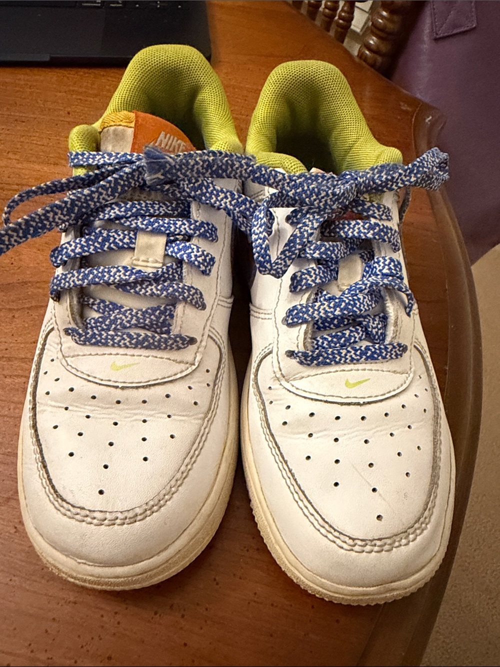 Nike Kids Air Force 1 White Sneakers with Blue Patterned Laces and Lime Accents